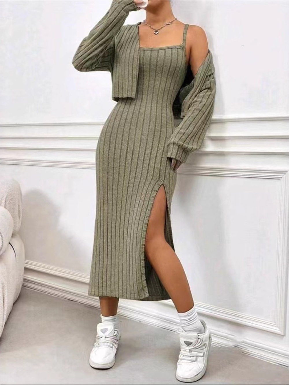 Ribbed Knit Long Sleeve Midi Dress with Side Slit - Olive